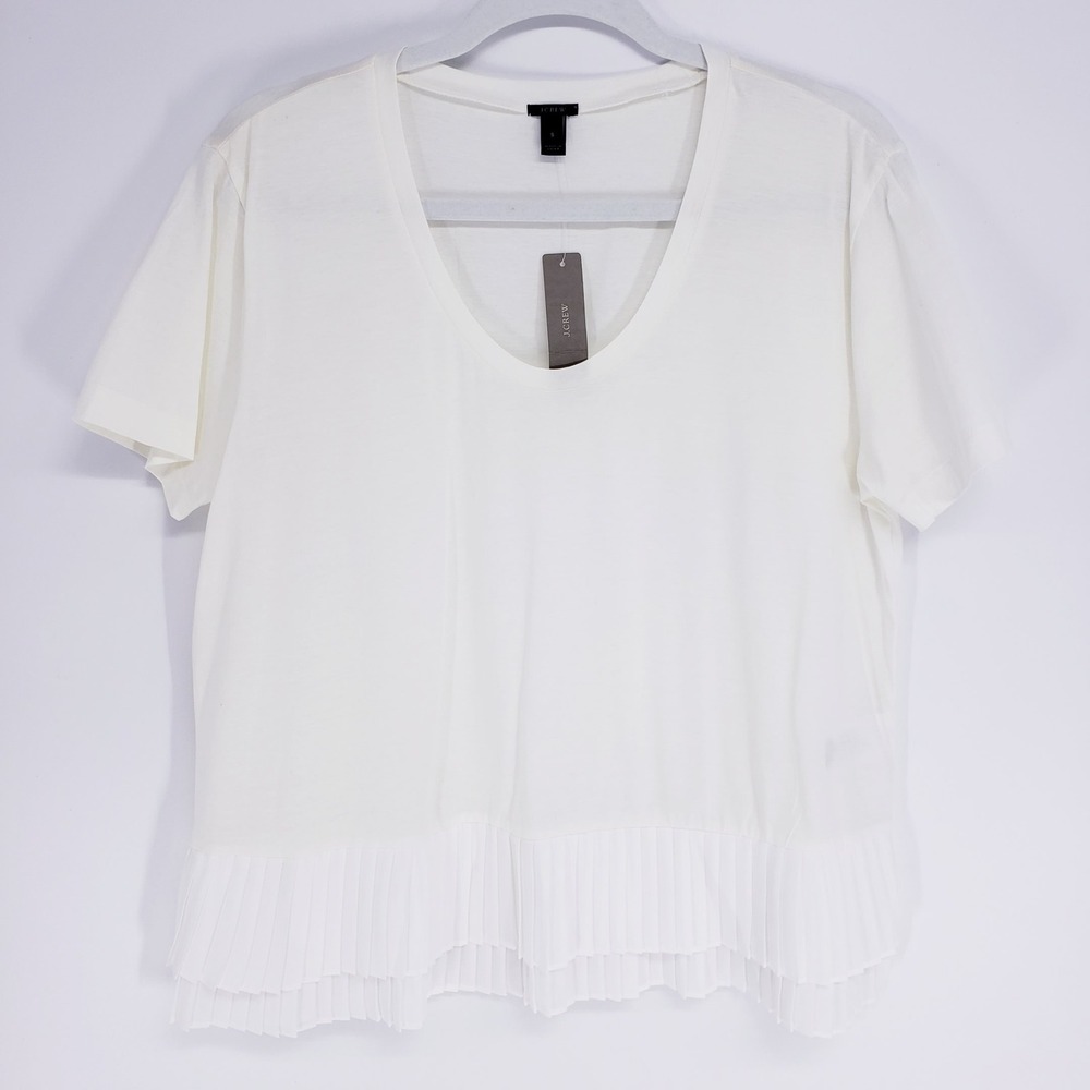 J Crew Pleated Hem Scoop Neck T-Shirt Women Size S White Short Sleeve NWT E4292